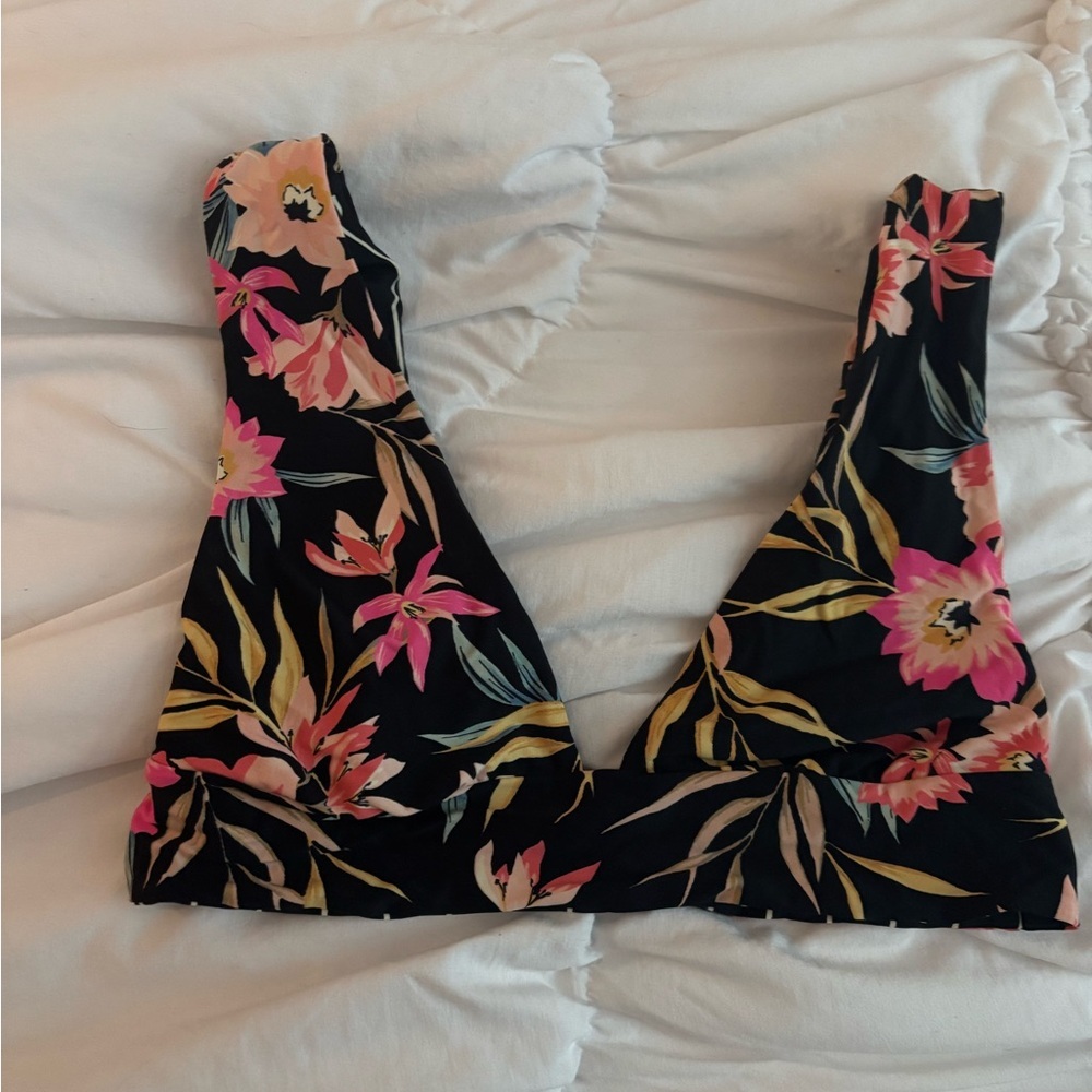 Billabong Black Floral V-Neck Bikini Top with Pink & Yellow Flowers